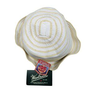 Woolrich Womens Sun Hat White/Beige Braided Stripes Bucket Beachy Coastal UPF 50